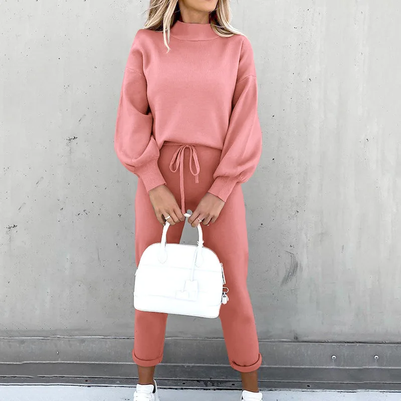 Autumn and Winter Women's Sweater High Collar Casual Pure Color Trousers Two-piece Set - Image 4